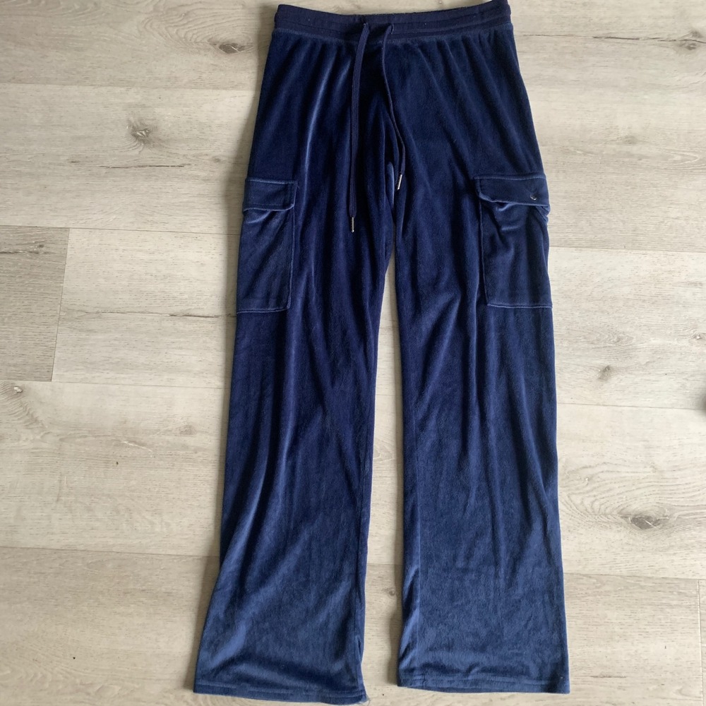Juicy Couture Velour Cargo Pants Navy Blue‎ Rhinestone Logo Sleepwear Sz S